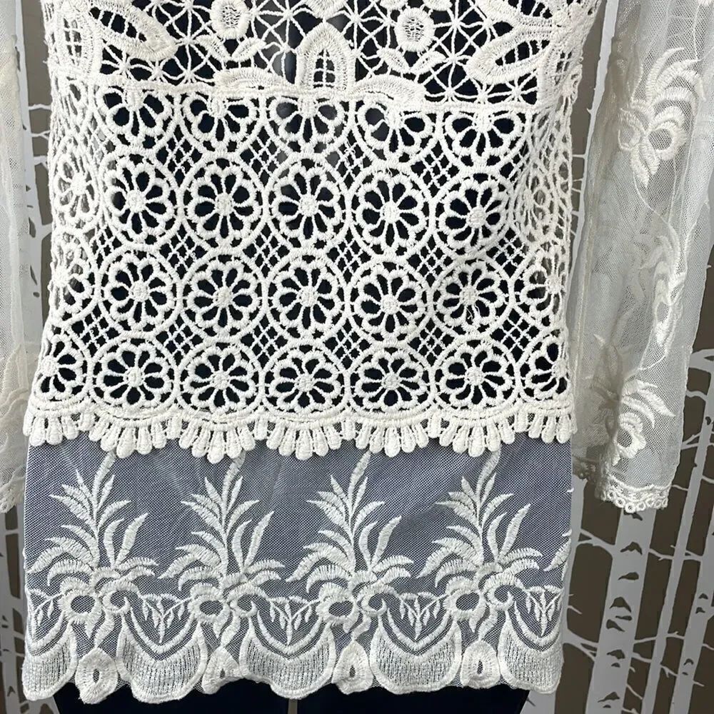 Boho Embroidered Lace & Mesh 3/4 Sleeve Top - Picture 7 of 14